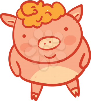 A pink baby piglet toy with yellow curly hair is looking vector color drawing or illustration 