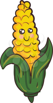 Vector illustration of a cute smiling yellow corn with green leaves on white background 