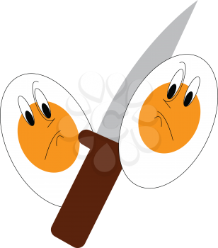 Two egghalfs with a knife between vector illustration on white background 