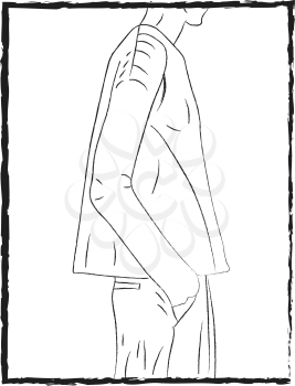 A black and white sketch of a boy wearing jeans and Tshirt vector color drawing or illustration