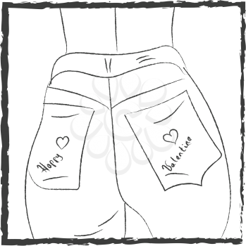 A sketch of the backside of a jeans with happy and valentine written on the pockets vector color drawing or illustration