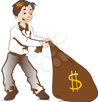 Boy Pulling a Sack of Money, vector illustration