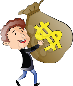 Young Man Holding a Sack of Money, vector illustration