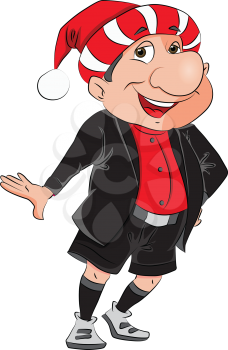 Vector illustration of a happy man wearing santa claus hat, isolated on white background.