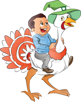 Boy Riding a Turkey, vector illustration