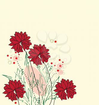 Vintage wedding invitation card with elegant retro floral design, red flowers on yellow. Vector illustration.