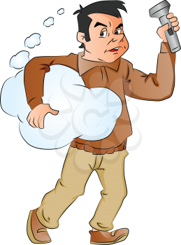 Vector illustration of a man holding blue  thought cloud and flashlight.