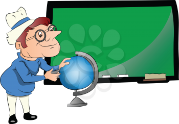 Vector illustration of a male teacher with globe in front of chalkboard.