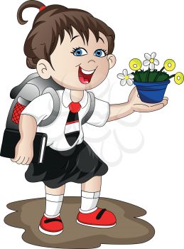 Vector illustration of happy schoolgirl wearing bag and holding flower pot.