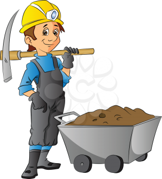 Vector illustration of construction worker holding pickaxe next to wheelbarrow full of mud.