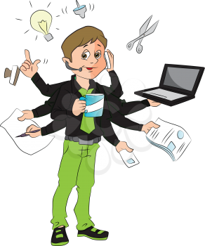 Vector illustration of a successful businessman multitasking in the office.