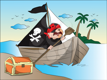 Vector illustration of pirate's boat and treasure chest at riverbank.