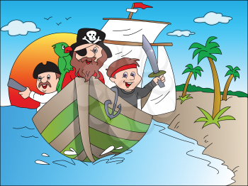 Vector illustration of parrot wearing a hat on sailing pirate's boat.