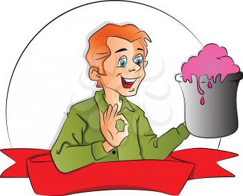 Vector of happy young man holding ice cream tub and gesturing.