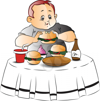 Vector illustration of fat teen boy eating burger at restaurant.