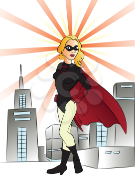 Vector illustration of superheroine in front of city buildings.