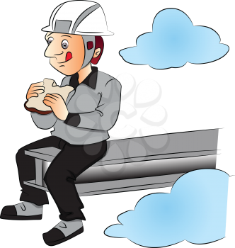 Vector illustration of construction worker eating food at site.
