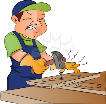 Vector illustration of male carpenter hammering a nail into wooden plank.
