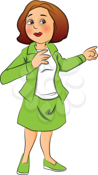 Vector illustration of scared woman pointing at something suspicious.