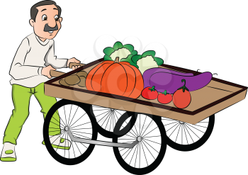Vector illustration of vendor pushing vegetable cart.
