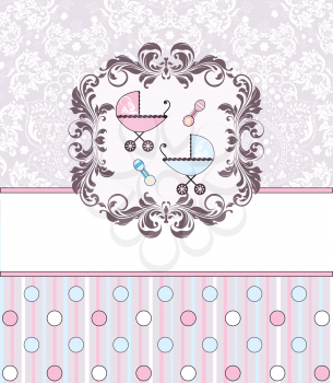 Vintage baby shower invitation card with ornate elegant retro abstract floral design, pink and light blue with baby carriages, rattles, polka dots and stripes. Vector illustration.