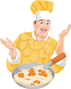 Vector illustration happy chef with food on pan.