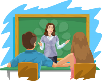 Education showing a female teacher instructing a boy and a girl, vector illustration