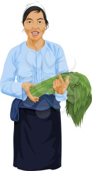 Vector illustration of woman holding bunch of fresh green vegetable.
