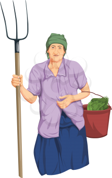 Vector illustration of woman holding shovel and bucket of vegetable in hands.