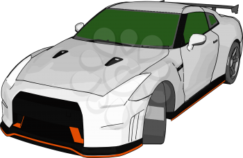 White race car with green windows and orange detailes and grey rear spoiler vector illustration on white background