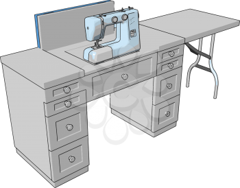 3D vector illustration of a sewing machine on a working table white background