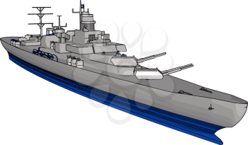 3D vector illustration on a white background of a long grey and blue war military ship