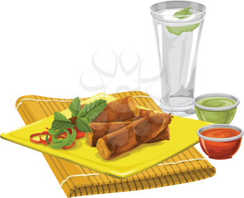 Vector illustration of eggrolls on place mat with drink and sauce.