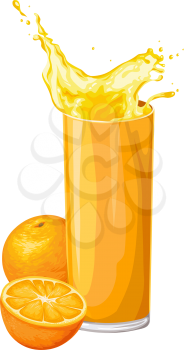 Vector illustration of fresh orange fruit with juice in glass.