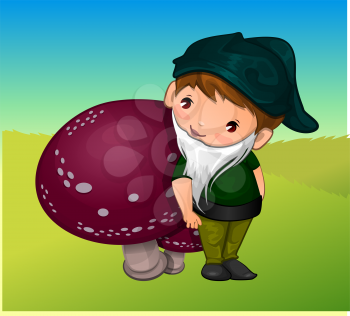 Gnome, Leaning on a Mushroom, vector illustration