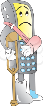 Damaged Cellphone, with Arm Splint and Tourniquet, Leg Crutch and Cast, Sad Face, vector illustration