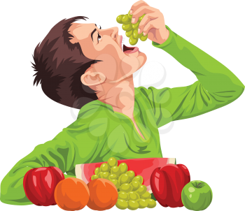 Vector illustration of a young boy eating fresh grapes.