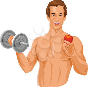Vector illustration of happy and muscular young man exercising, holding apple.
