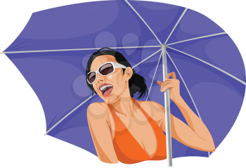 Vector illustration of happy woman in bikini, holding an umbrella.