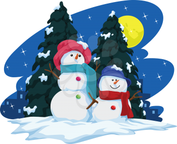 Vector illustration of two snowmen and christmas tree during snowfall.