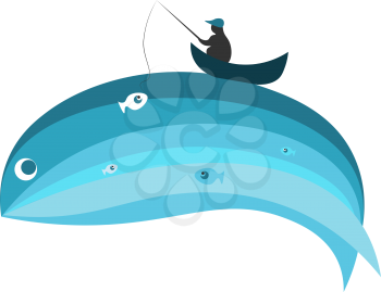 Blue whale and fisherman vector illustration 