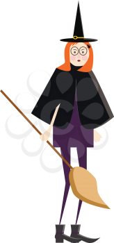 A lady in witch costume with a long broom in hand vector color drawing or illustration 