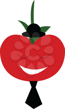 Red tomato in black tie and hat vector or color illustration
