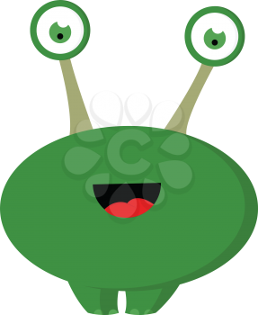 A happy green alien with two green eyes and green pupils has an oval body red tongue and two stout legs vector color drawing or illustration 
