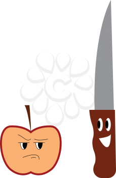 A half cut red apple expressing anger and a knife expressing happiness placed close to each other vector color drawing or illustration 