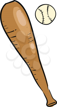 A brown baseball bat and a white ball placed on the field next to each other vector color drawing or illustration 