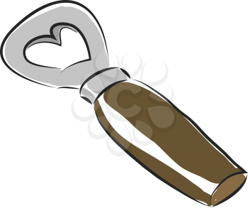 A shiny metal bottle opener with a dark brown handle placed on a table vector color drawing or illustration 
