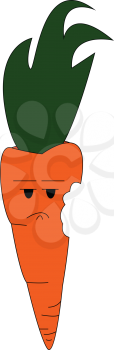 A big orange carrot with green leaves with a bite on the side expresses sadness vector color drawing or illustration 