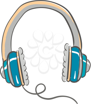 Large blue and grey headphones with cushions on the side with one wire coming out of the right side vector color drawing or illustration 