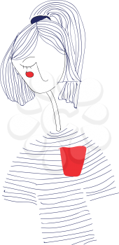 A long-necked girl with a blue ribbon tying up her hair red pocket and one side of her cheek is red with her eye closed vector color drawing or illustration 